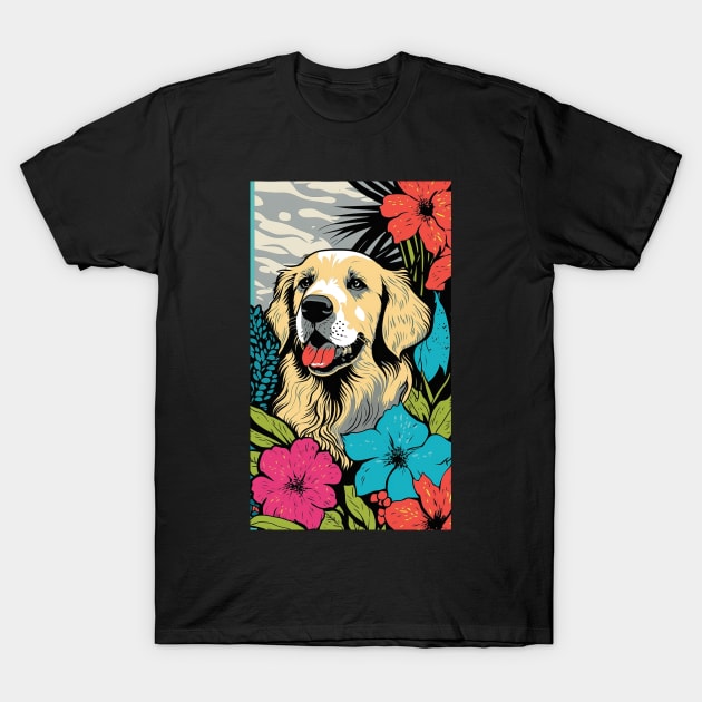 Golden Retriever Dog Vibrant Tropical Flower Tall Retro Vintage Digital Pop Art Portrait 2 T-Shirt by ArtHouseFlunky